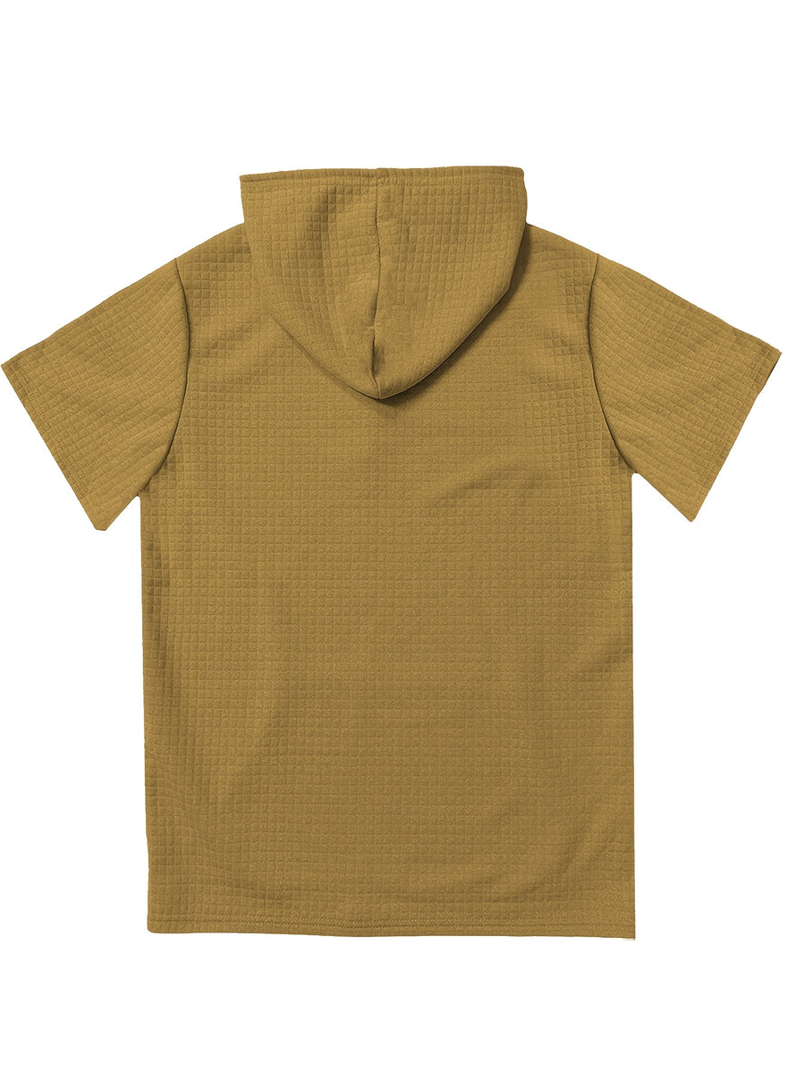 3pcs Men's Waffle Knit Short Sleeve Hoodie with Kangaroo Pocket, Soft and Breathable Fabric, Multiple Color Options, Versatile for Daily Wear, Simple and Stylish Casual Sportswear, Suitable as Matching Family Outfits, Great Choice for Gifts - Khaki + red + khaki