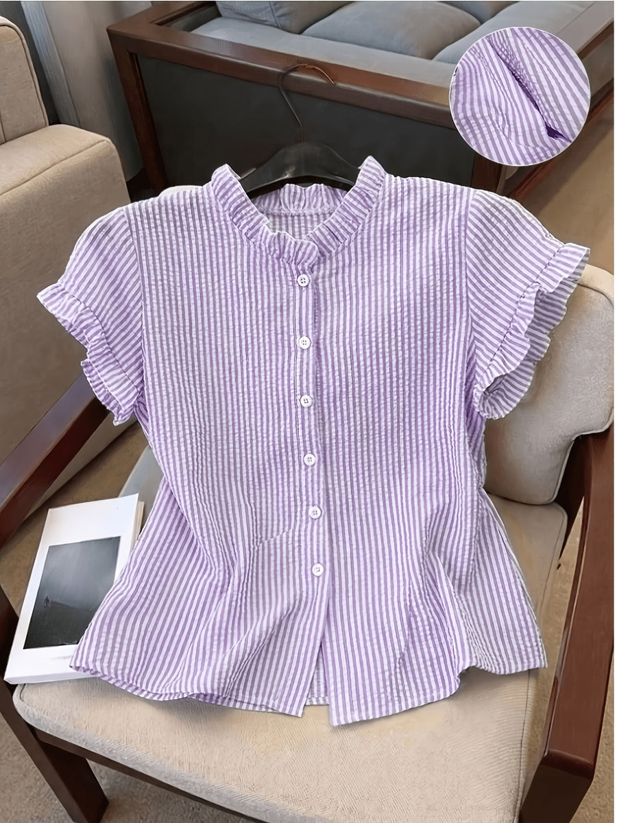 Women's Ruffle Collar Short Sleeve Single-Breasted Striped Shirt, Summer - Violet