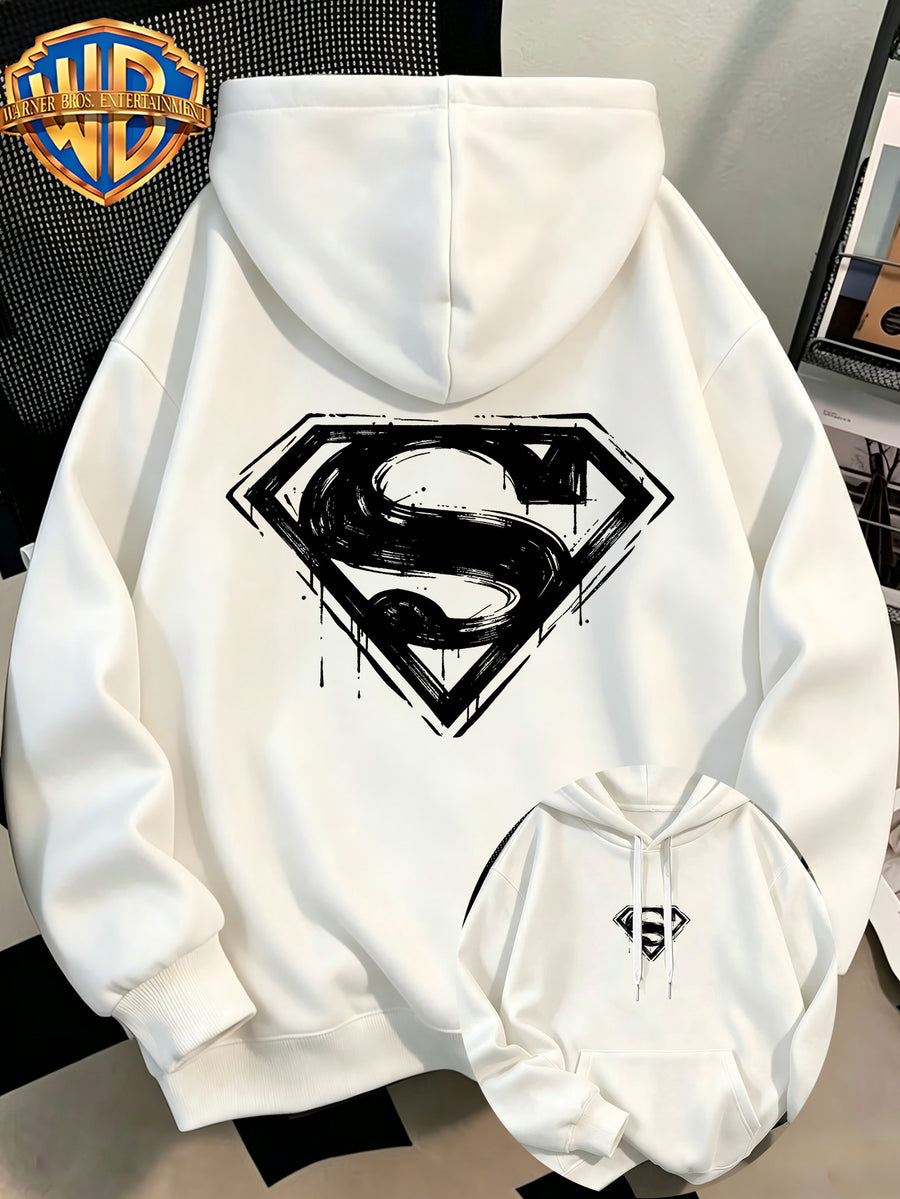 Fashion Hip Hop Print Fashion Brand Casual Versatile Sports Drawstring Pocket Hooded Men'S Sweater, Men'S Autumn And Winter Cute Casual Style, Sports Style Fashion Loose Hoodie, Daily Casual Wear - White