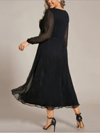 Elegant French-Style Waist-Cinching V-Neck Lantern Sleeve Temperament Midi Evening Gown New Women's Dress - Black