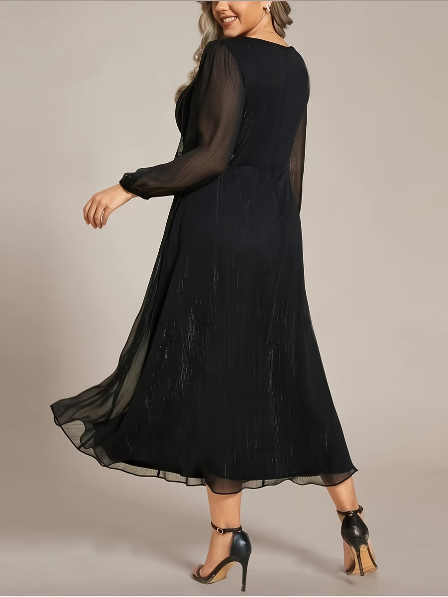 Elegant French-Style Waist-Cinching V-Neck Lantern Sleeve Temperament Midi Evening Gown New Women's Dress - Black