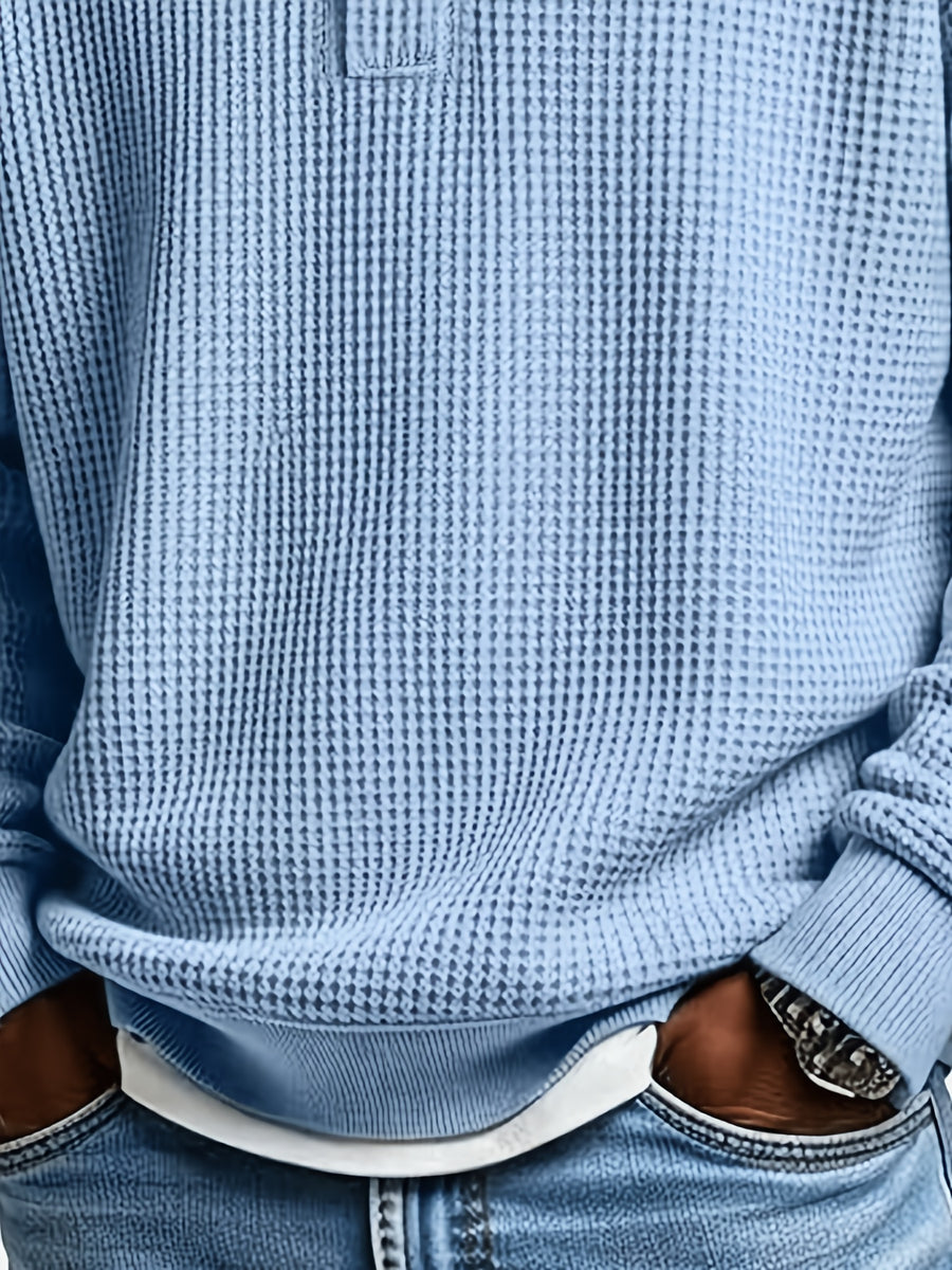 Men'S Waffle Checkered Color-Block Long Sleeve Collared Sweatshirt, Solid Color Patchwork Pullover, Traditional Casual Design with Outdoor Layering Long Sleeve, Suitable for Various Activities - Sky Blue