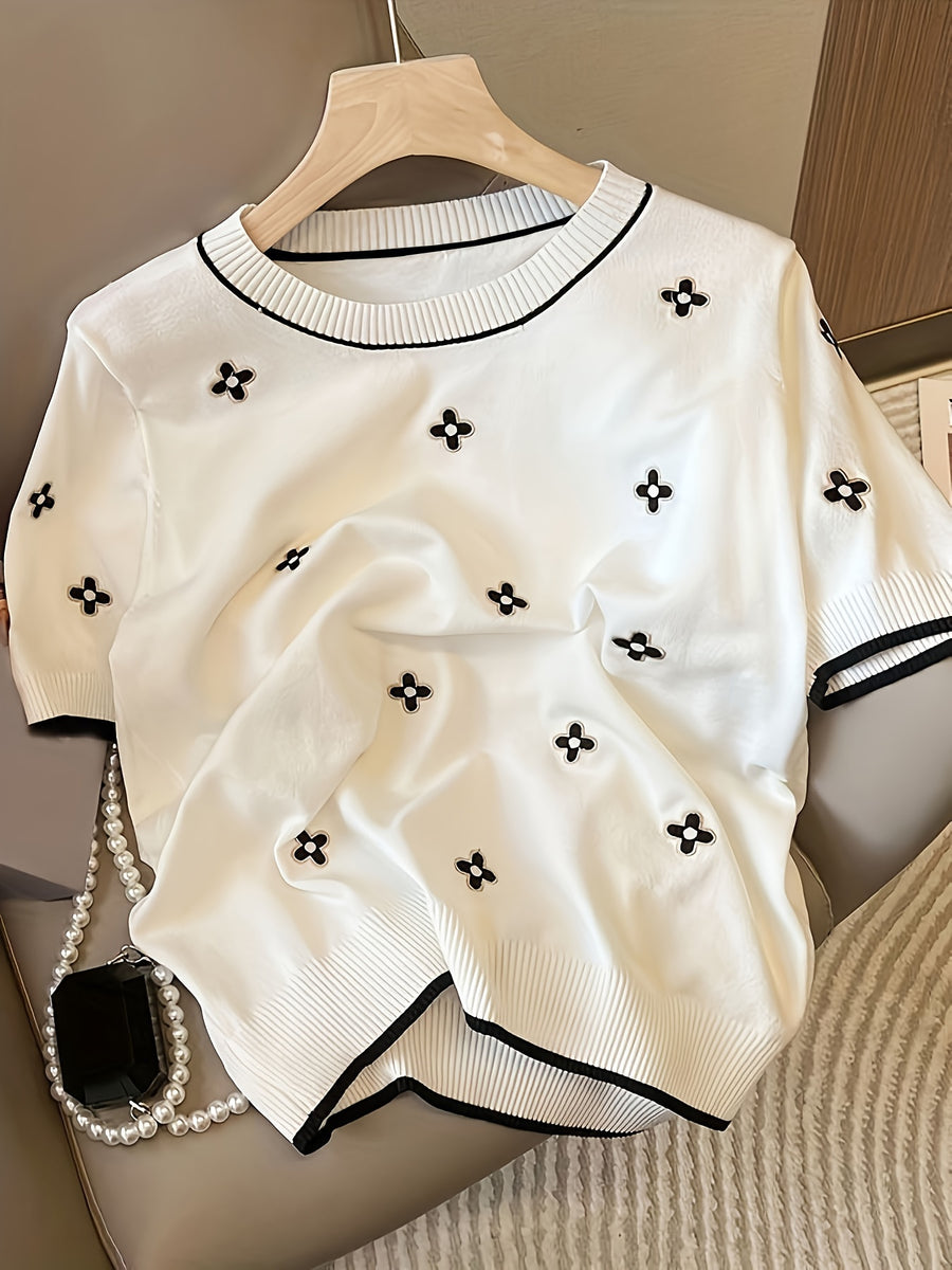 New Versatile Short Sleeve Top Casual Simple Loose Round Neck Embroidered Thin Style - White