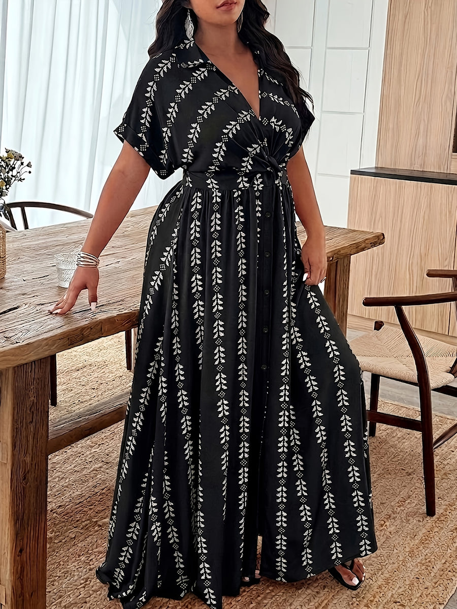 Plus Size Pink Geometric Print Shirt Dress, Women'S Short Sleeve Tie Front Maxi Dress, Casual Button A-Line Dress for Curvy Ladies 2026SS - Black