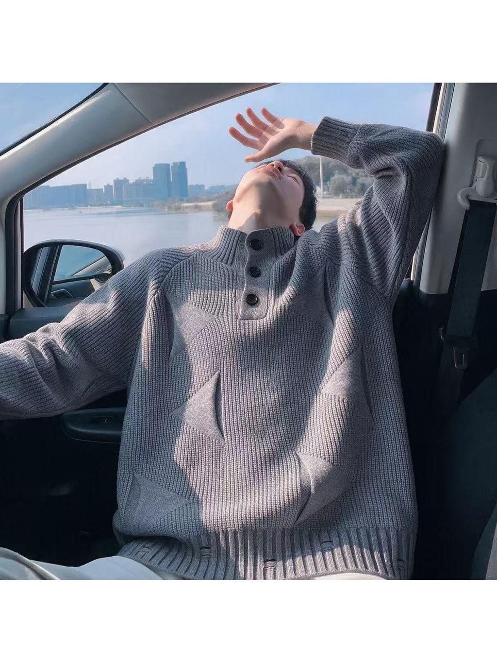 Men's Knitted Sweater, Warm Autumn/Winter, Trendy Jacquard Stand-Up Collar, Comfortable, Warm, and Versatile Knitwear, Casual Men's Apparel - Grey