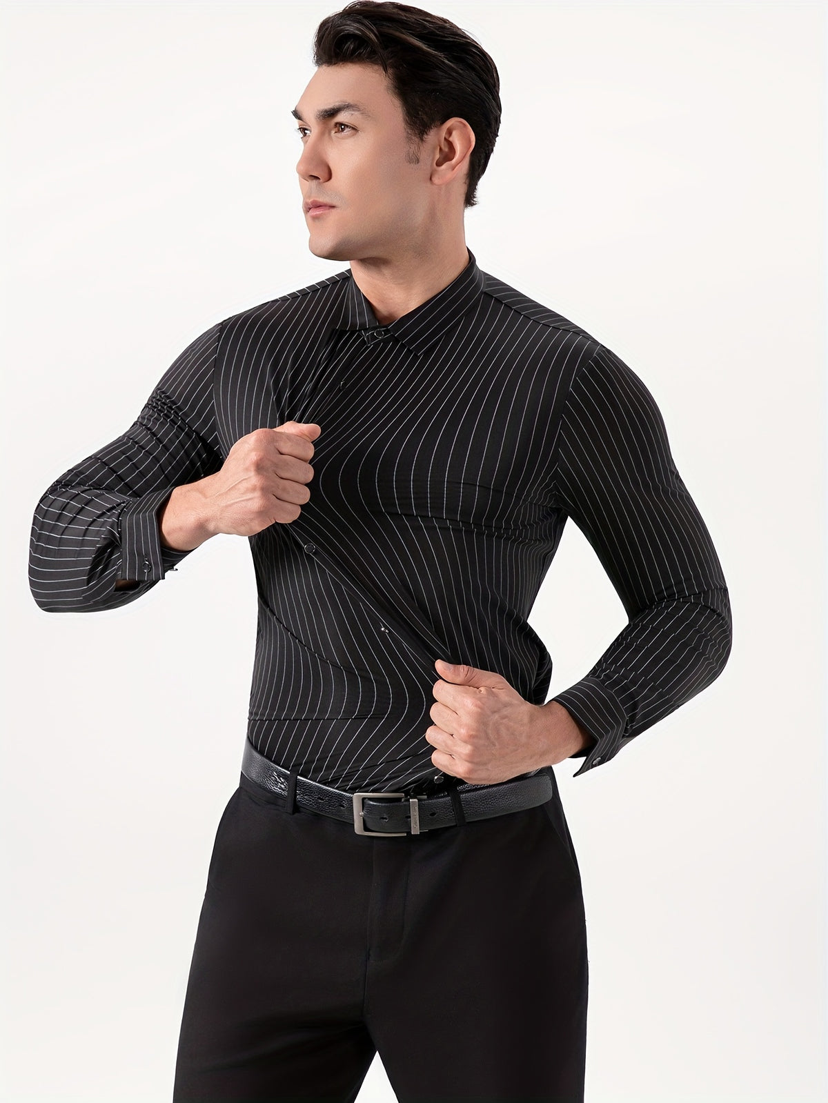 Seamless High-Elasticity Pressed Hem Wrinkle-Free Men's Long-Sleeve Striped Fashion Casual High-End Button-Up Cardigan Four-Way Stretch Men's Top, Fabric Weight 160g, Material 88% Polyester Fiber 12% Spandex - Black Stripe