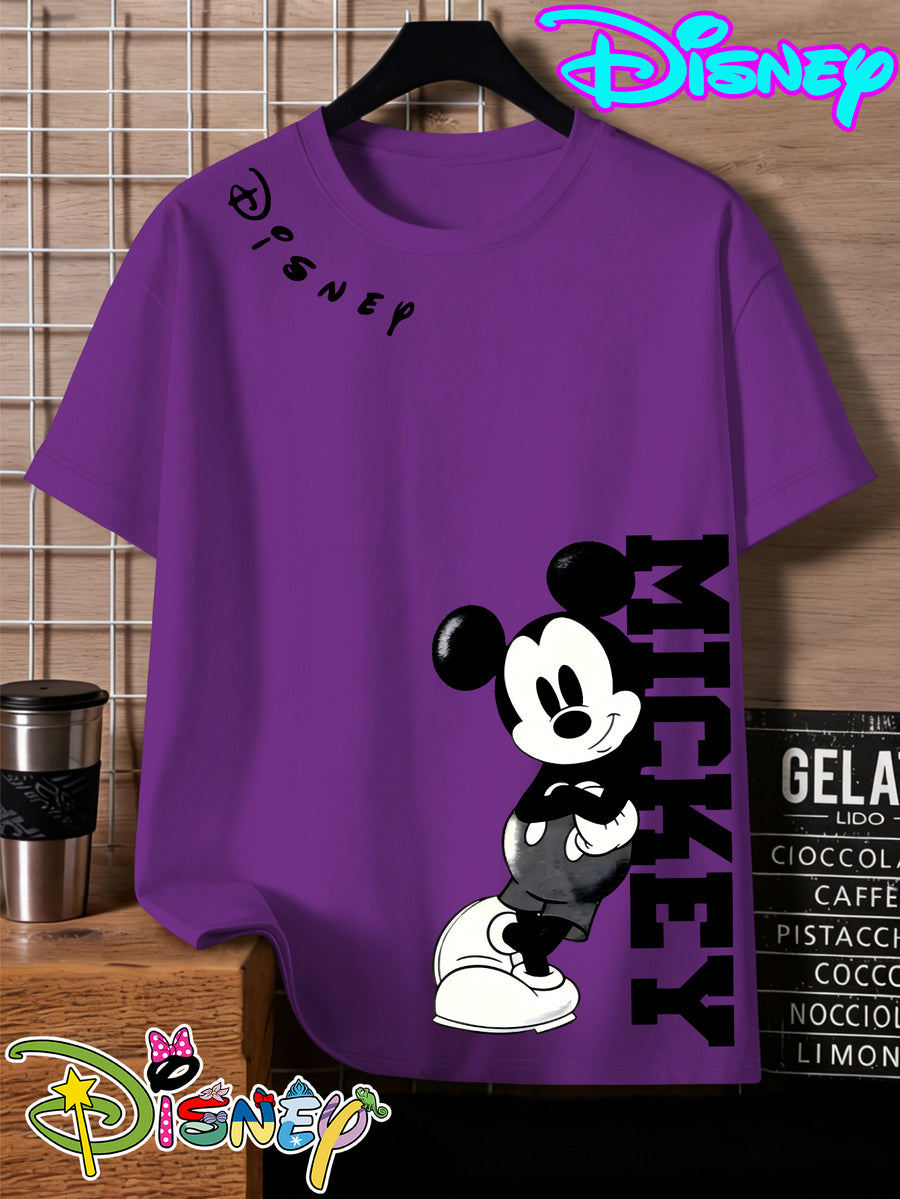 Disney Mickey Black And White Vertical Letter Print Round Neck Short Sleeve T-Shirt, a Minimalist And Trendy Top - Purple