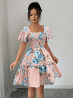 Summer Vacation Floral Print Short Dress with Waist Cinching - Pink