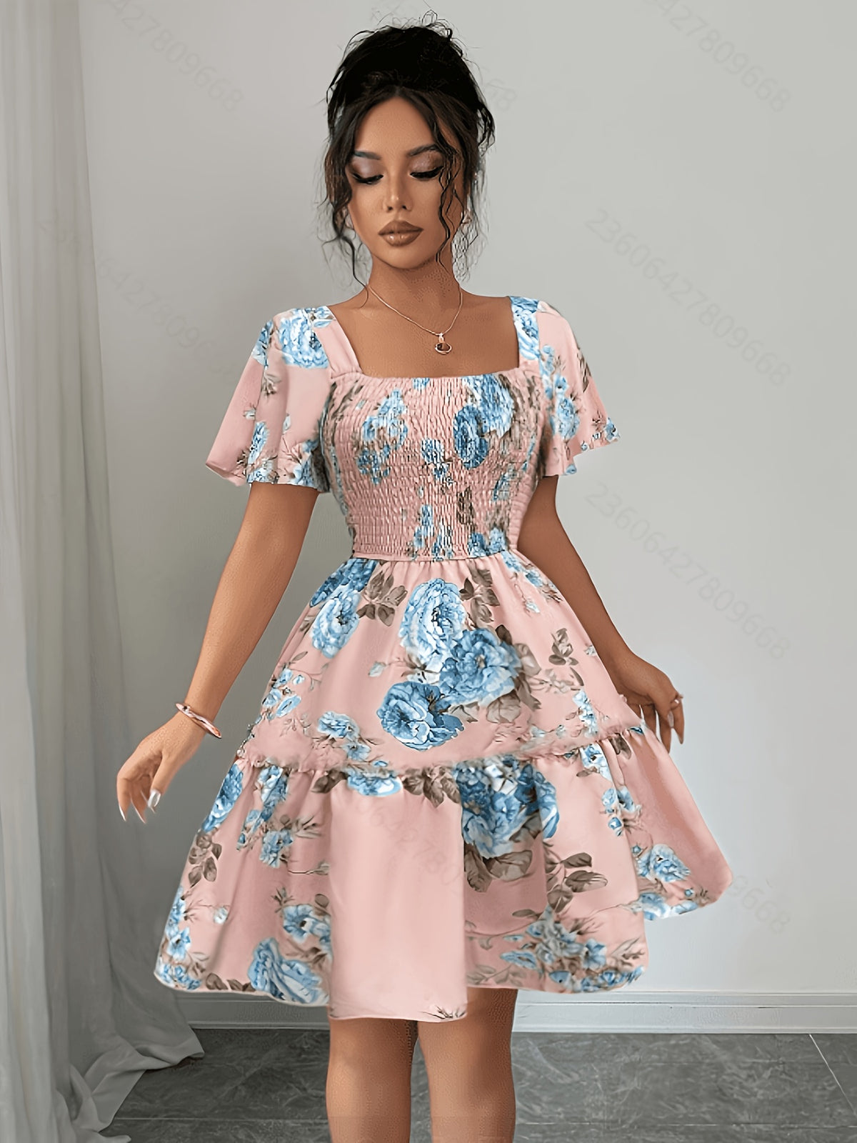 Summer Vacation Floral Print Short Dress with Waist Cinching - Pink