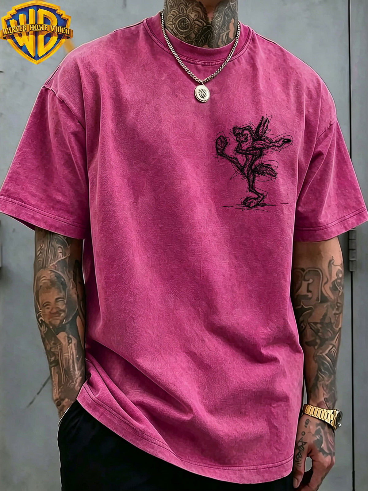 Officially Licensed by Warner. Featuring The Cartoon Print of Le Yitong'S Mischievous Wolf. This Men'S Distressed T-Shirt Is a New Summer Style with Faded And Retro Look. Perfect for Daily Wear - Rose Red