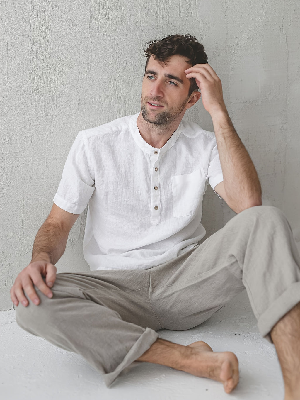 Men'S Summer New Shirt Top, Preppy Relaxed Fit! Premium Natural Fabric, Breathable And Sweat-Absorbent, Half-Button Design, Enhances Neckline. Solid Color Versatile for Daily Commute, Streetwear, And Travel, Sweat-Resistant - White