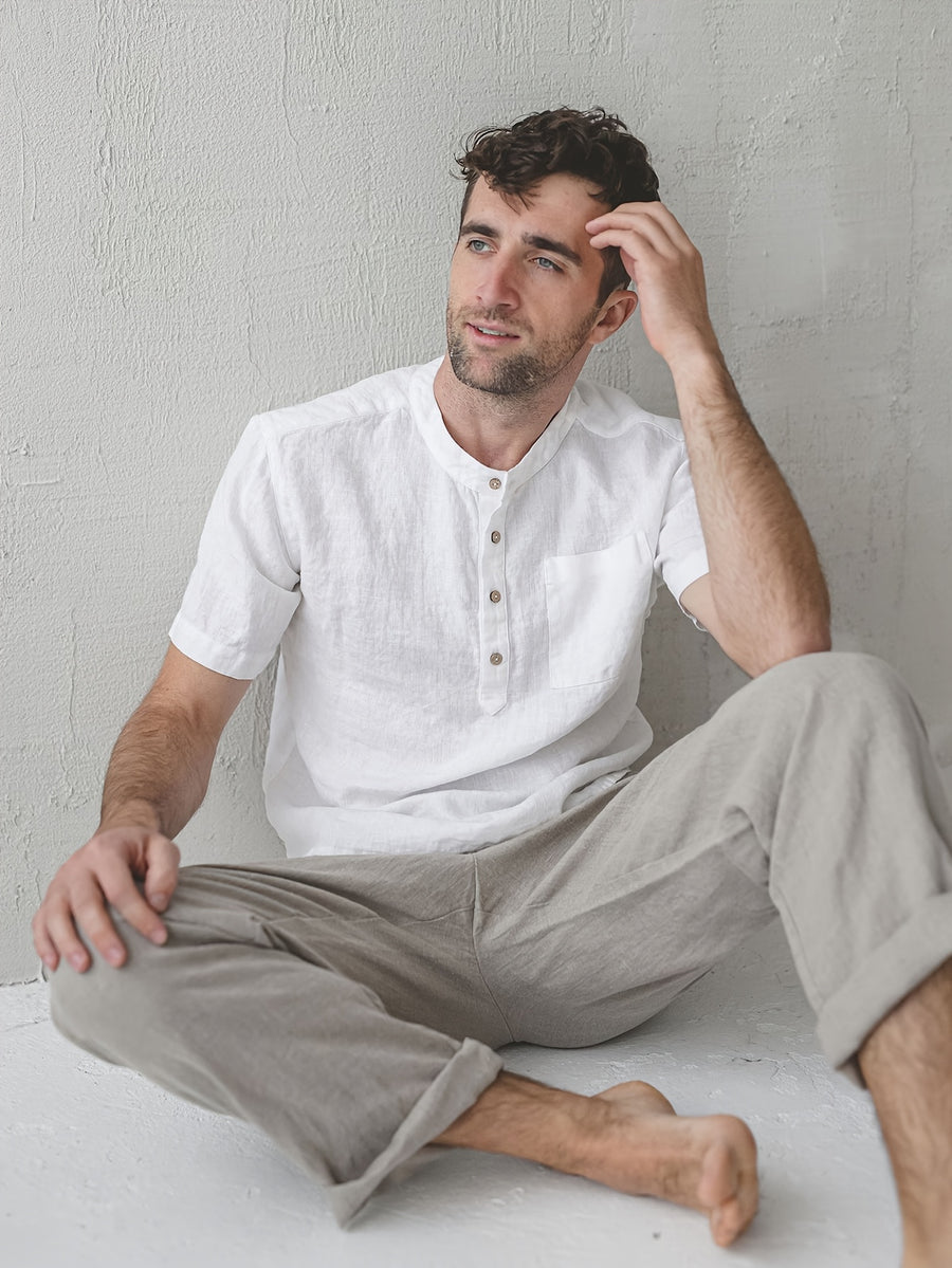 Men'S Summer New Shirt Top, Preppy Relaxed Fit! Premium Natural Fabric, Breathable And Sweat-Absorbent, Half-Button Design, Enhances Neckline. Solid Color Versatile for Daily Commute, Streetwear, And Travel, Sweat-Resistant - White