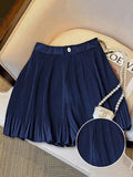Women'S Summer Shorts, Solid Color Loose New Fashion All-Match Pleated Shorts - Navy Color