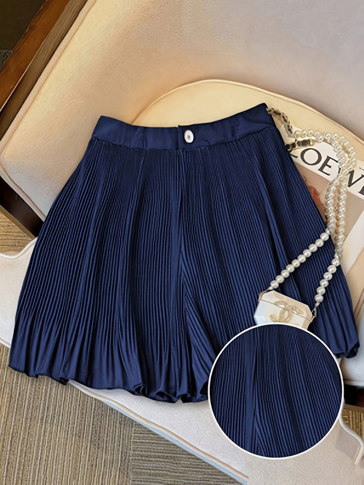 Women'S Summer Shorts, Solid Color Loose New Fashion All-Match Pleated Shorts - Navy Color