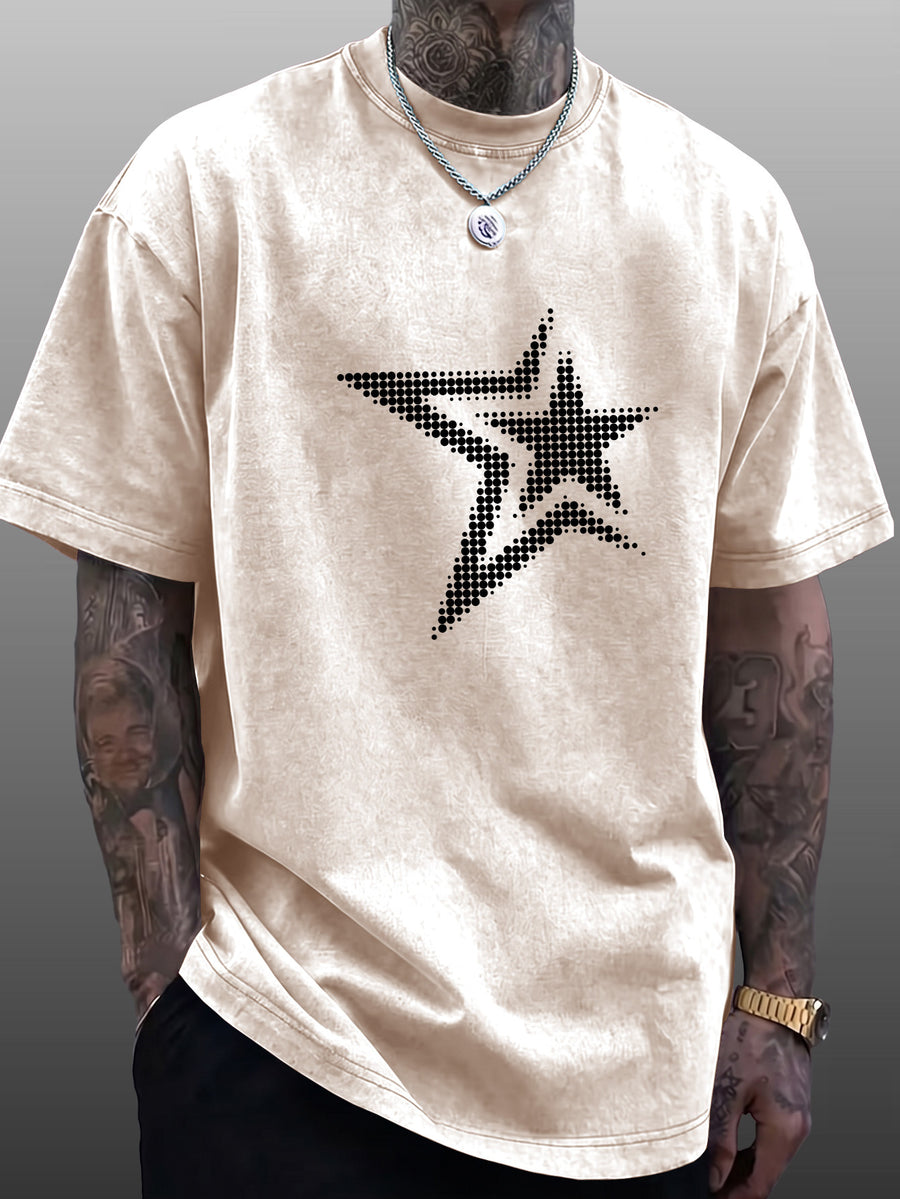 Men's Short-Sleeve T-Shirt, Pure Cotton Loose Fit Washed Distressed Half-Sleeve Top, Dot Matrix Overlapping Double Five-Star Trendy Reverse Double-Sided Print, Multiple Colors for Mix & Match, American Streetwear High Street Hip-Hop Y2K National - Apricot