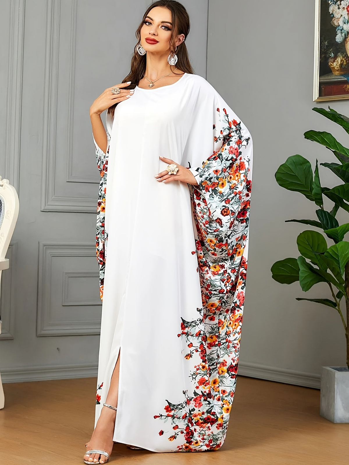 1pc Floral Print Crew Neck Abaya, Elegant Batwing Sleeve Split Maxi Dress, Women'S Clothing Maxi Abaya Dress Modest Prayer Dress for Muslim Women | Batwing Sleeves And Elegant Swing Hem for Everyday Outings And Travel Outfits - White
