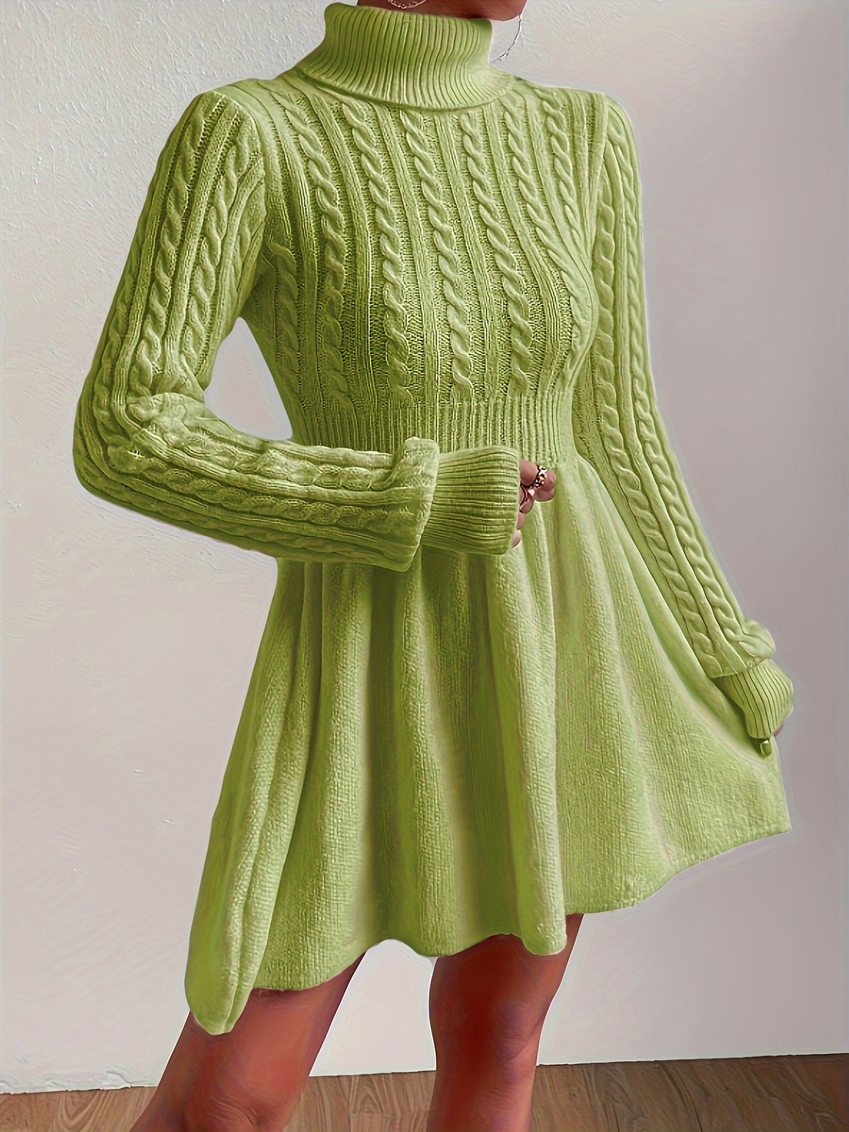 High-Neck Pink Mini Sweater Dress A-Line Dress Christmas Sweater Dress for Women - Yellow-green