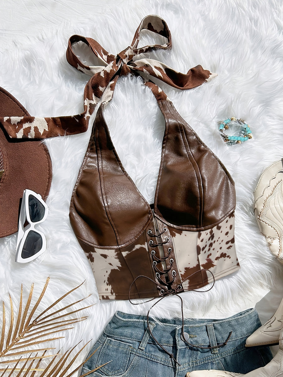 Women's Crop Top with Halter Neck and Front Tie, Cowgirl Top, Earth Tone Top, Coffee Brown Top, Brown Vest, Chocolate Brown Top, Sexy Top, New Year's Outfit, Party Wear Suitable for Date Nights and Evening Parties, Music Festival and Carnival - Coffee Brown