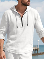 Men's Casual Vacation Style Half-Zip Hoodie, Lightweight and Breathable Material, for Outdoor Streetwear and Beachside Leisure Wear - White