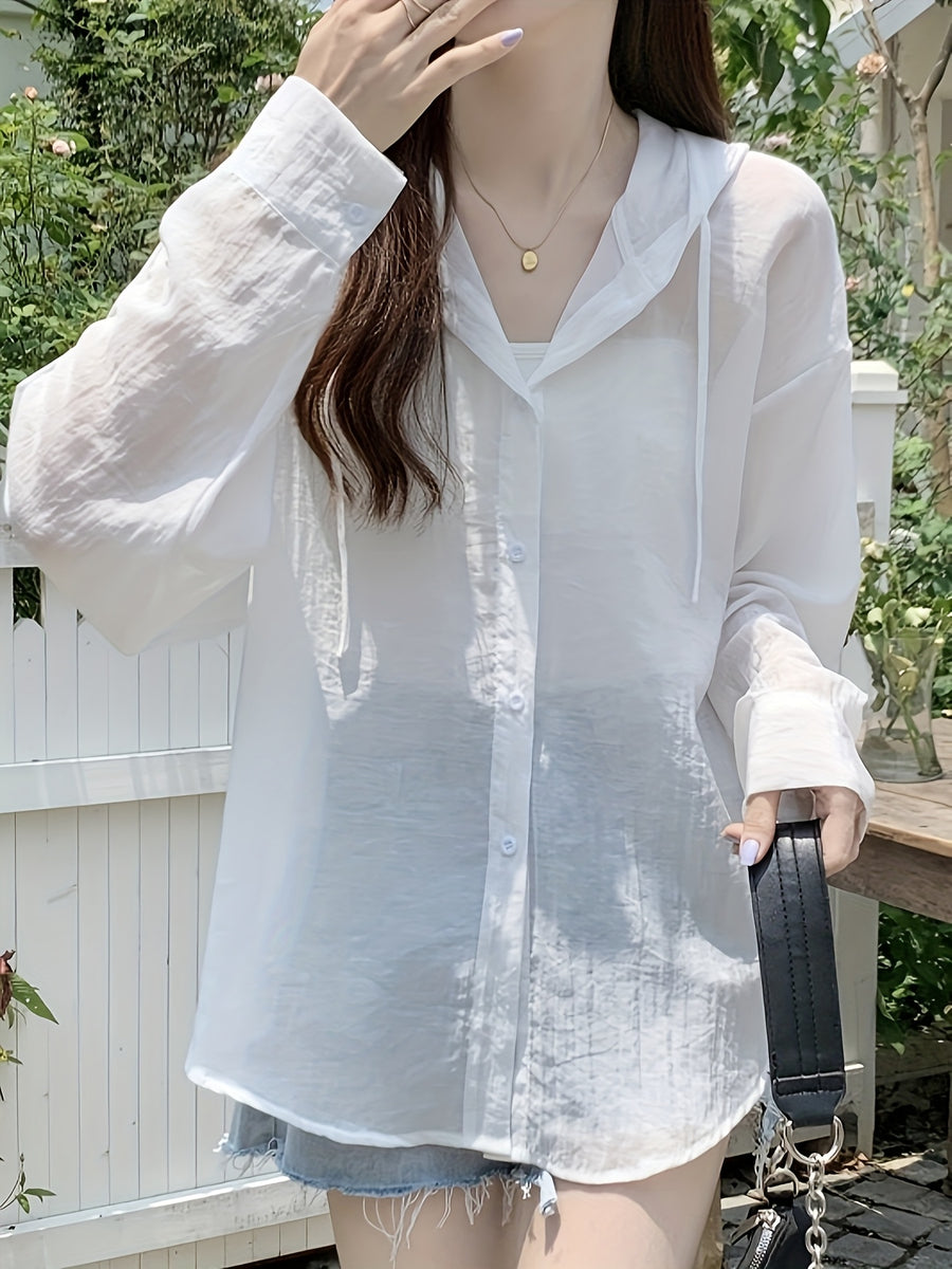 New Summer Women's Hooded Long-Sleeve Shirt, Loose-Fit Lightweight Korean-Style Lazy Chic Outerwear Top/Jacket - White