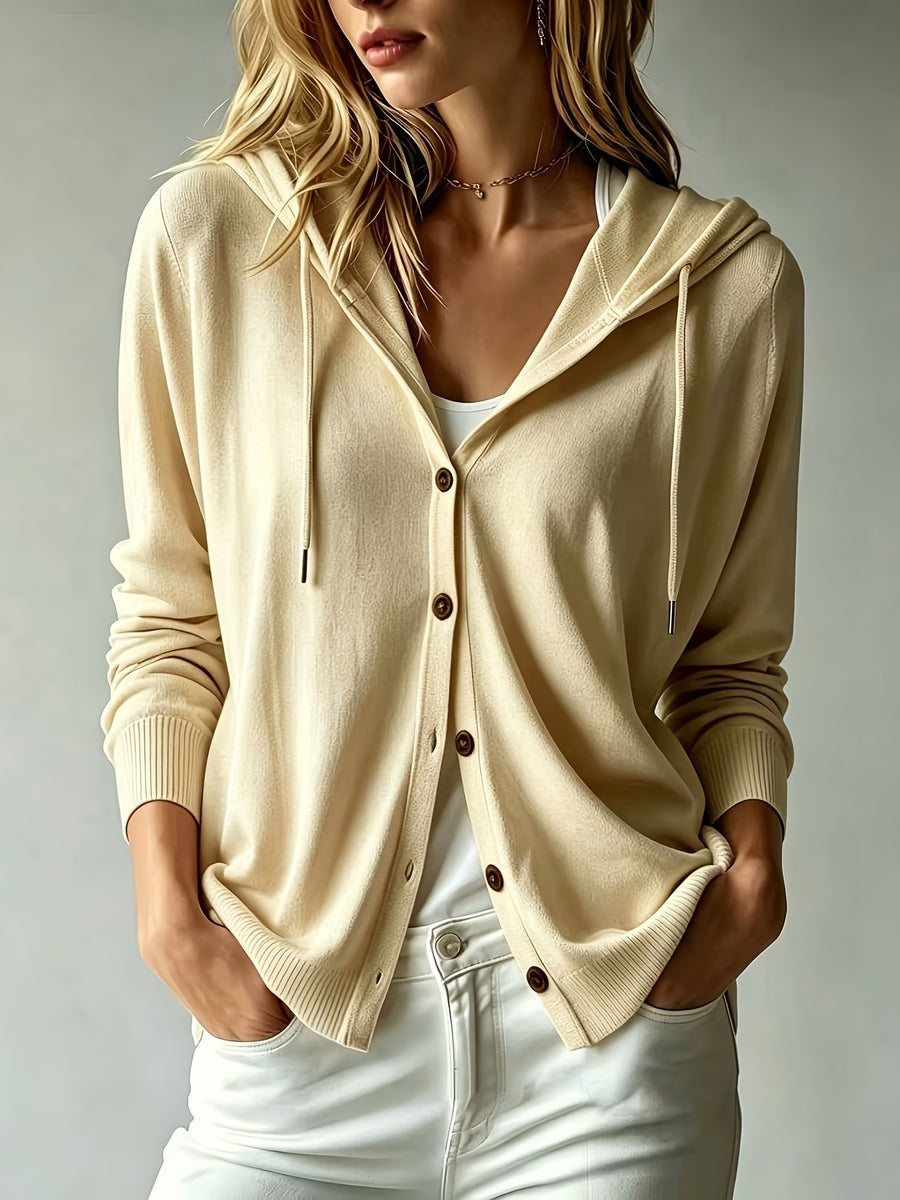 Women's Casual Hooded Cardigan, Button-Up Long Sleeve Top, Lightweight Loose Hooded Outerwear, Suitable for Daily/Commute/Vacation Multi-Scene Wear, Gavin - Apricot