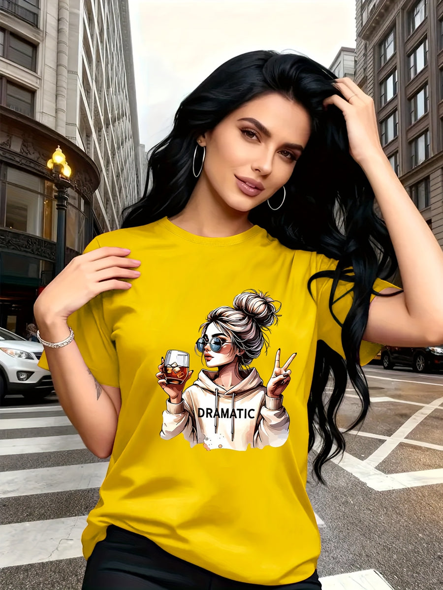 Street-style Trendy Art Print Featuring a Woman with a Bun Hairstyle and Fashion Glasses Holding a Red Wine Glass. Simple Round-neck Casual Versatile Short-sleeve Women's T-shirt, Suitable for Leisure, Travel, Vacation, and Other. 11643 - Yellow