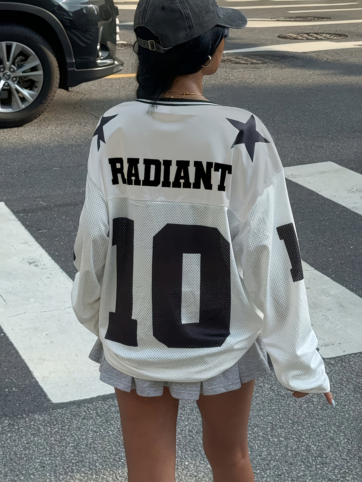 Digital Letter Print Mesh V-Neck Top Women'S Fashion Versatile Casual Long Sleeve Athletic Top - White
