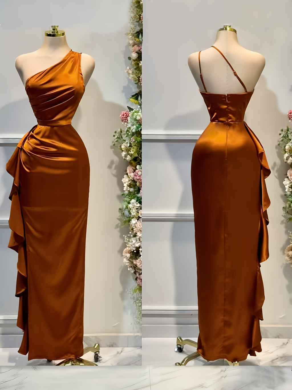 An Elegant Solid Color Satin Dress with an Asymmetrical Ruffled Hem, Off-Shoulder Neckline, And a Backless Design, Perfect for Banquets, Parties, Weddings, Or As a Bridesmaid Gown - Rust