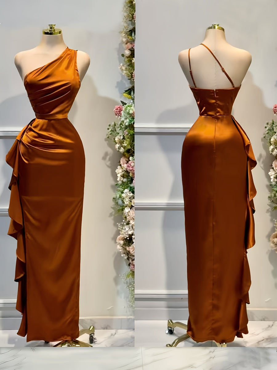 An Elegant Solid Color Satin Dress with an Asymmetrical Ruffled Hem, Off-Shoulder Neckline, And a Backless Design, Perfect for Banquets, Parties, Weddings, Or As a Bridesmaid Gown - Rust