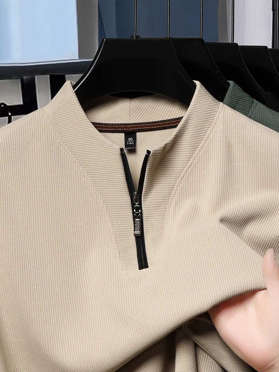 SaXing OBM New Spring/Summer Men's Polo Shirt, Solid Color Textured Ribbed Cable Knit Half-Placket Zipper Style Stand Collar Short Sleeve T-Shirt, Men's Business Casual Fashionable Breathable Versatile Henley Knit Pullover Base Layer Top - Apricot