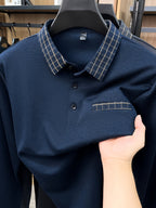 Men's Long-Sleeve Plaid Lapel Polo Shirt for Spring and Autumn, Dad Style Top - Shangqing