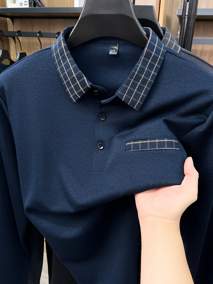 Men's Long-Sleeve Plaid Lapel Polo Shirt for Spring and Autumn, Dad Style Top - Shangqing