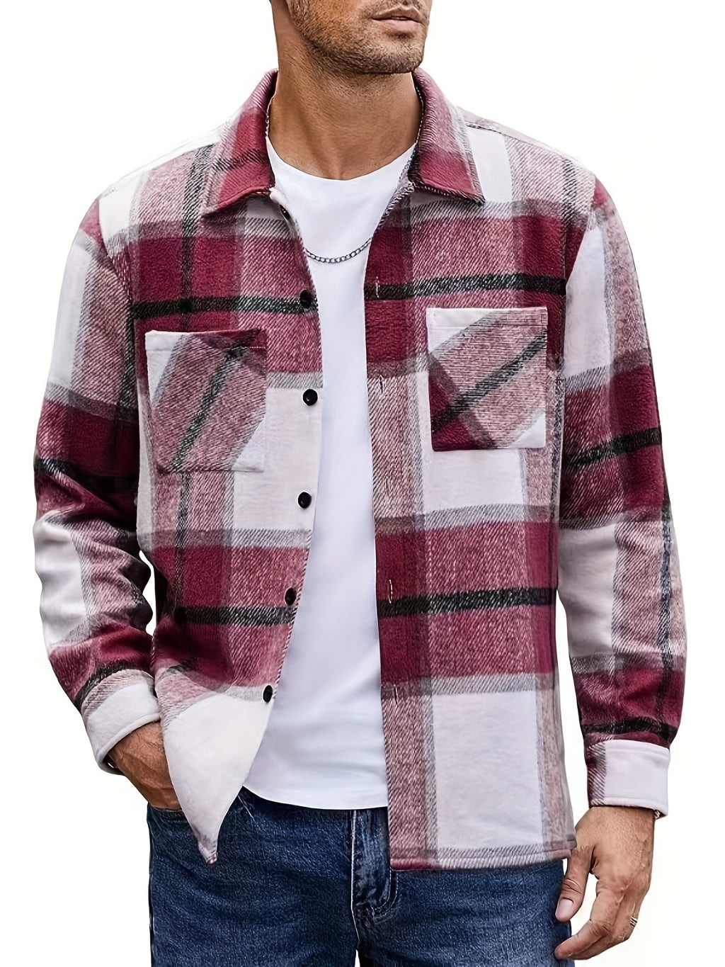 Men's Flannel Thickened Warm Casual Fashion Versatile Plaid Shirt Jacket - Burgundy