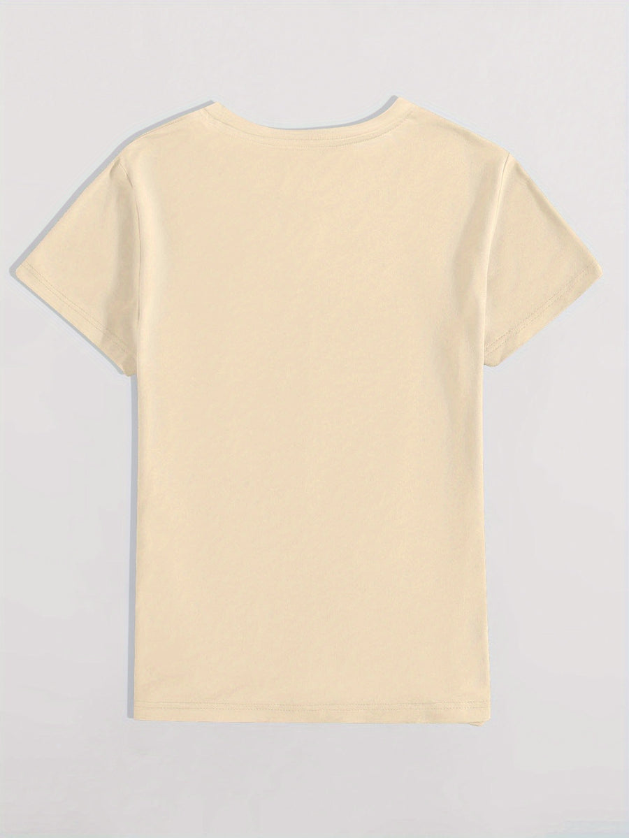 Graphic Print T-Shirt, Short Sleeve Crew Neck Casual Top for Summer & Spring, Women'S Clothing - Apricot