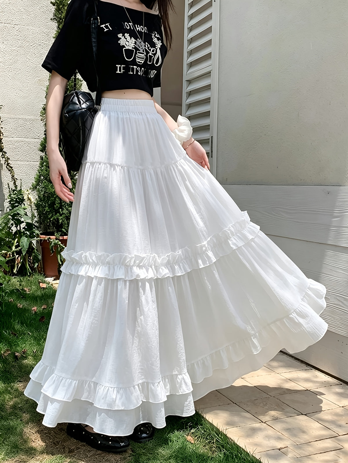 White Ruffle Hem Stretch Waist Multi-Layer Patchwork Elegant Solid Color Skirt for Women, New Spring/Autumn Long Patchwork Ruffle Hem Cake Dress - White
