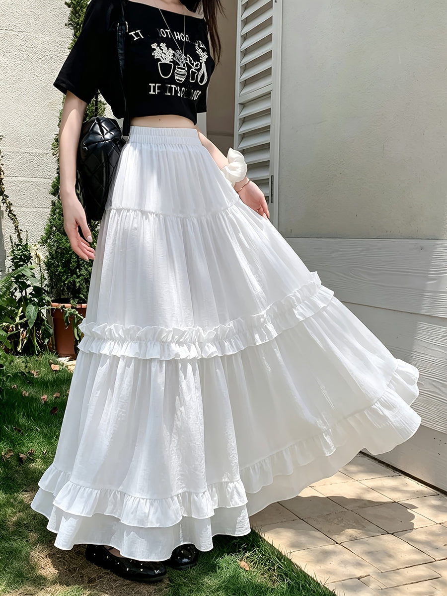 White Ruffle Hem Stretch Waist Multi-Layer Patchwork Elegant Solid Color Skirt for Women, New Spring/Autumn Long Patchwork Ruffle Hem Cake Dress - White