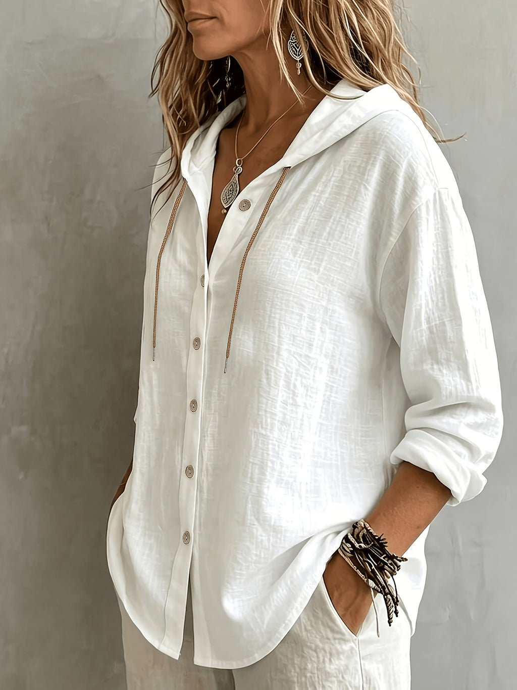 Women's Casual Solid Color Single-Breasted Hooded Long-Sleeve Shirt - White