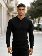 American-style Heavyweight Men's Knit Vintage Stretch Textured Pattern Casual Loose Fit Versatile Commuter Long-Sleeve Henley Shirt - Black