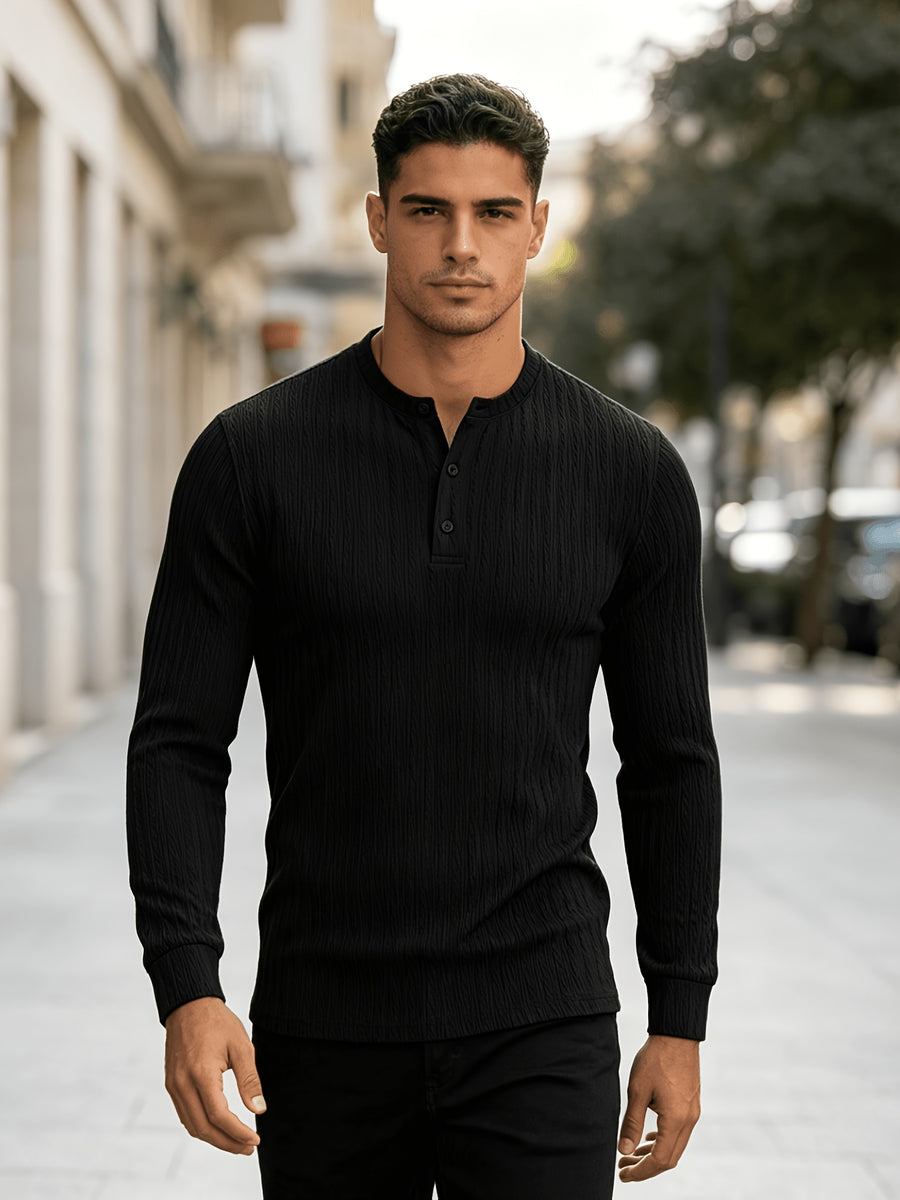 American-style Heavyweight Men's Knit Vintage Stretch Textured Pattern Casual Loose Fit Versatile Commuter Long-Sleeve Henley Shirt - Black