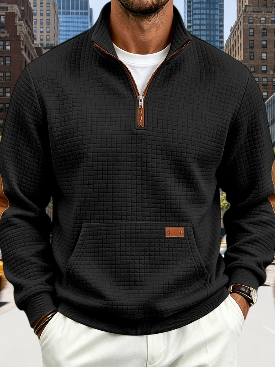 Men's Waffle Knit Casual Loose-Fit Long Sleeve Color-Block Stand Collar Half-Zip Autumn/Winter Sweatshirt - Black