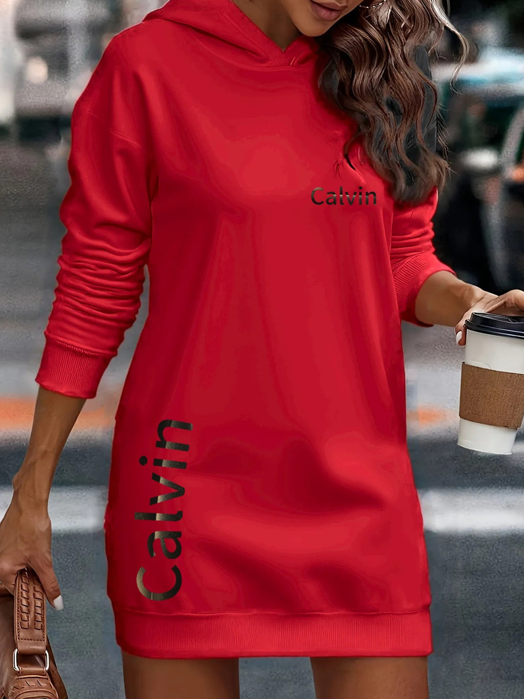 Long Hooded Sweatshirt, Dress Style Sweatshirt, Relaxed Women'S Commuting Look, Baggy Fit, Heat Transfer Design, Stretchy Ribbed Cuffs And Hem, Soft And Cozy Material, Available in Three Colors: Blue, Black, And Red - Red