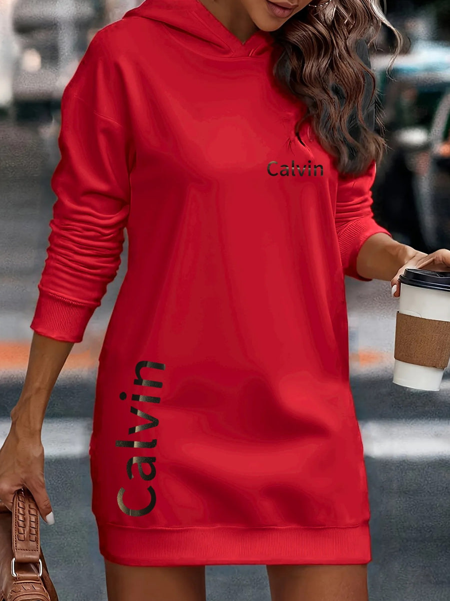 Long Hooded Sweatshirt, Dress Style Sweatshirt, Relaxed Women'S Commuting Look, Baggy Fit, Heat Transfer Design, Stretchy Ribbed Cuffs And Hem, Soft And Cozy Material, Available in Three Colors: Blue, Black, And Red - Red