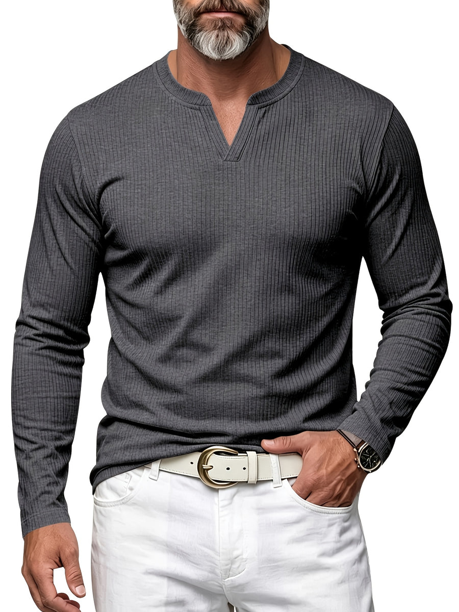 Men's Vertical Pin-Stripe V-Neck Henley Long-Sleeve T-Shirt, Slim Fit Stretch Textured Top, Spring/Autumn Casual Base Layer Men's Apparel - Grey