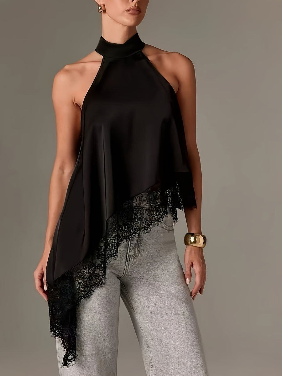 Directional Style Irregular Patchwork Lace Neckline Halter Elegant Temperament Top Halter Vest - Black