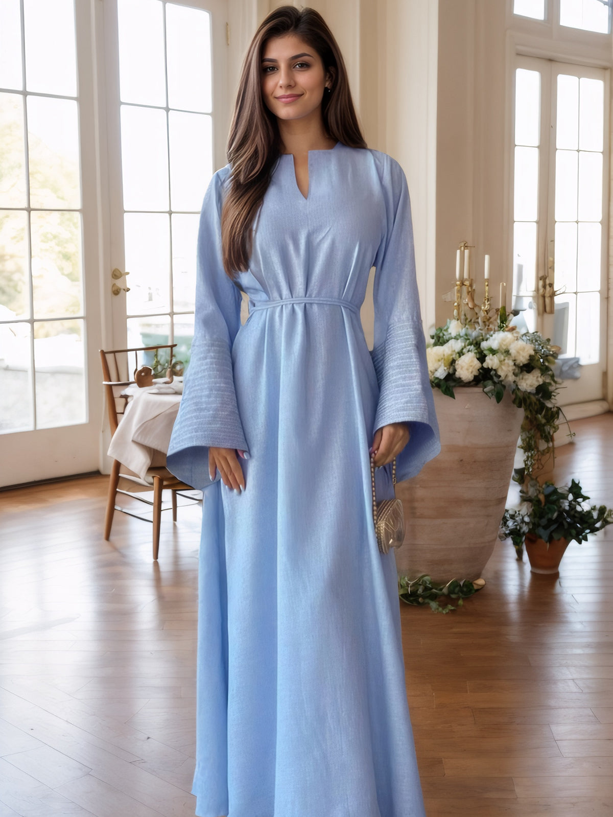 Muslim Women'S Solid Color Fashion Abaya Jilbab Dress, Long Sleeve, V Neck, with Belt, for Ramadan - Light Blue