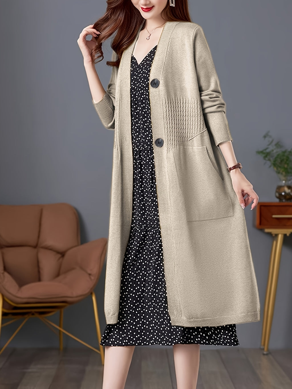 Spring And Autumn 2024 New Women'S Cardigan, a Stylish And Elegant Long Sweater Coat, Loose And Trendy Outerwear - Khaki