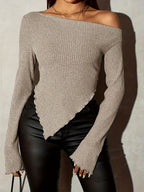 Women'S Asymmetric Neck Ribbed T-Shirt - Khaki