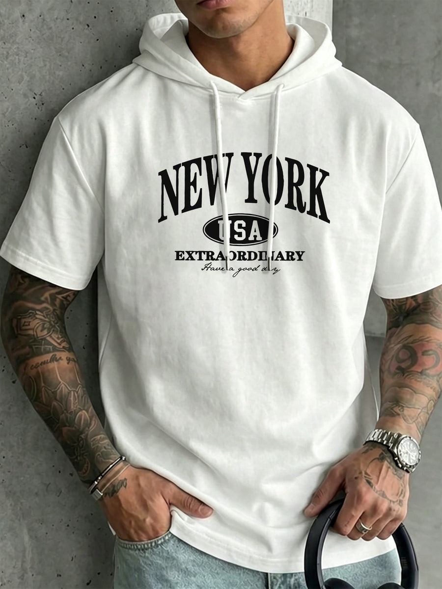 American Vintage NEW YORK Letter Print Hooded Short-Sleeve T-Shirt for Men, Streetwear Trendy Casual Versatile Top - White
