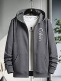 Men's Zip-Up Hooded Sweatshirt Cardigan Jacket with Simple Vertical Calvin English Print, Casual, Fashionable, Versatile, for Daily Commuting, Long-Sleeve Top - Dark Gray