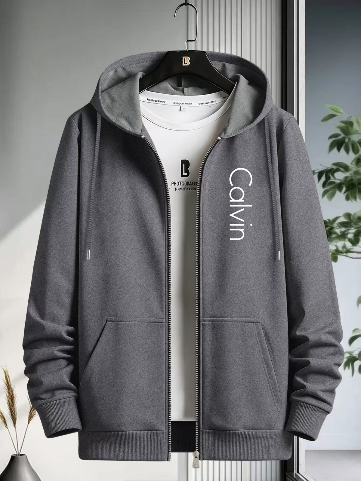 Men's Zip-Up Hooded Sweatshirt Cardigan Jacket with Simple Vertical Calvin English Print, Casual, Fashionable, Versatile, for Daily Commuting, Long-Sleeve Top - Dark Gray